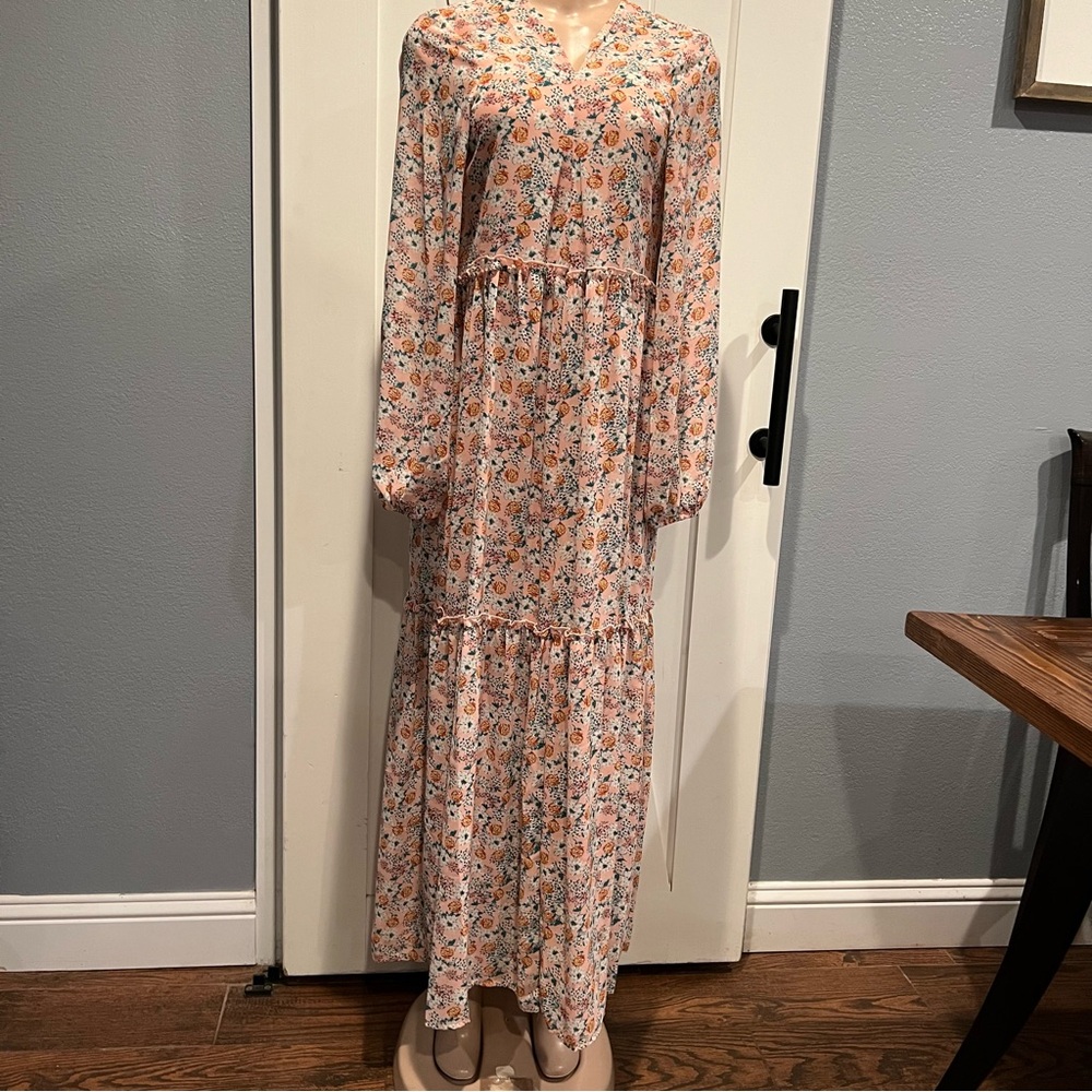 Floral Sheer Long Sleeve tiered Dress m/l see measurements